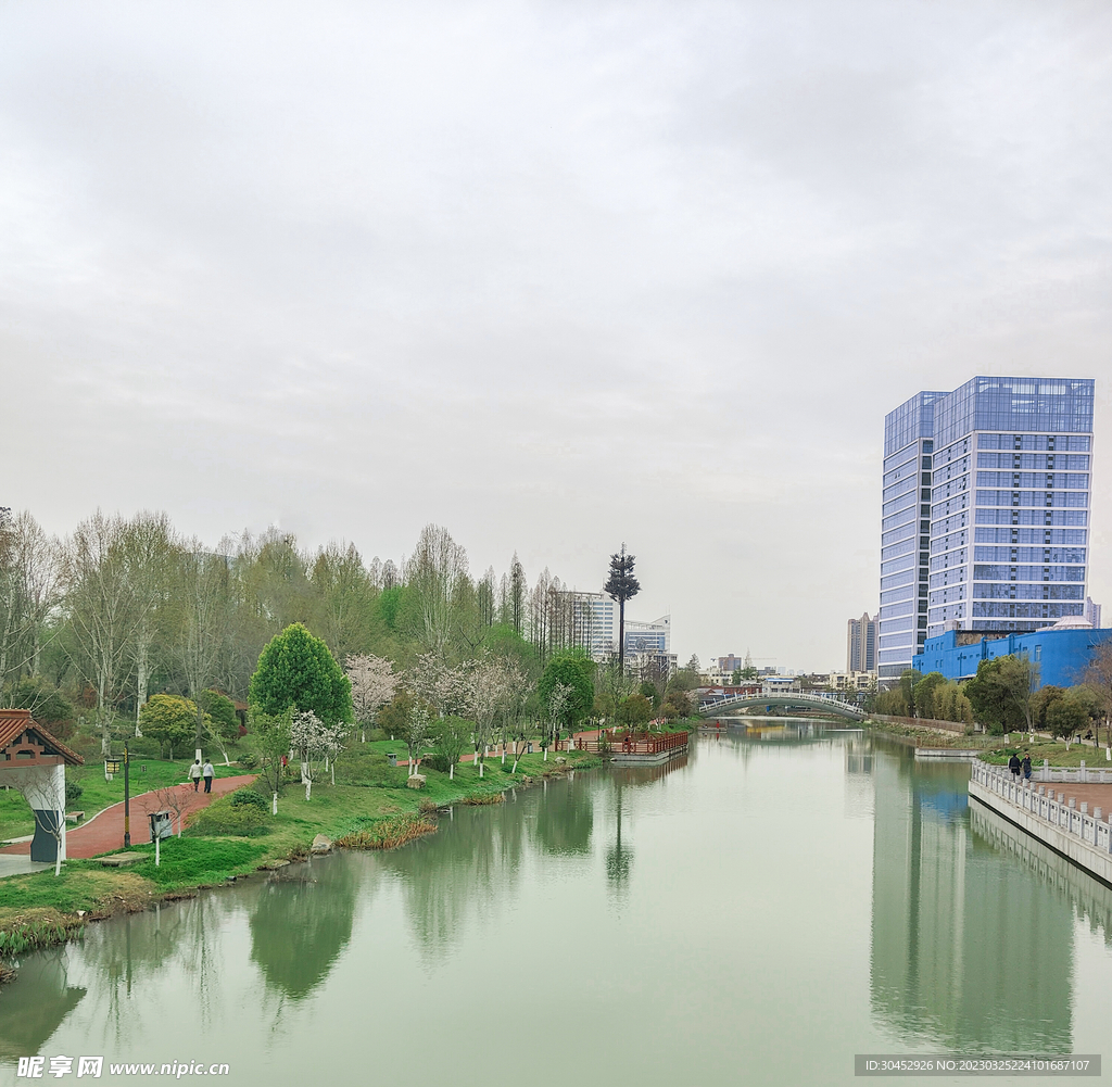 湖边水塘公园两岸城市风景