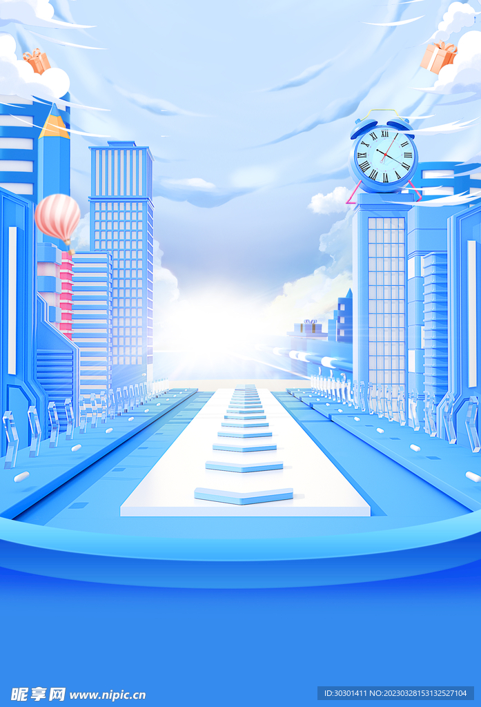 蓝色科技城市3D卡通海报背景