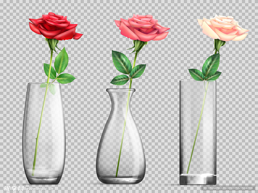 透明玫瑰玻璃花瓶AI矢量图