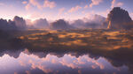 黄昏下的湖泊与雄伟山脉风景插画