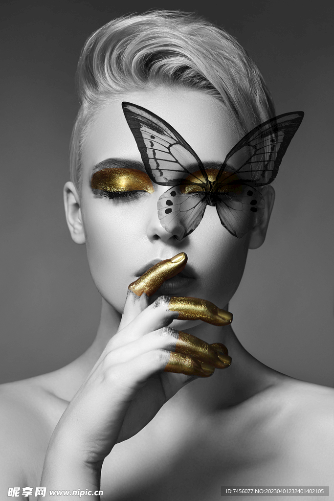 蝴蝶美女高清黑白挂画装饰画