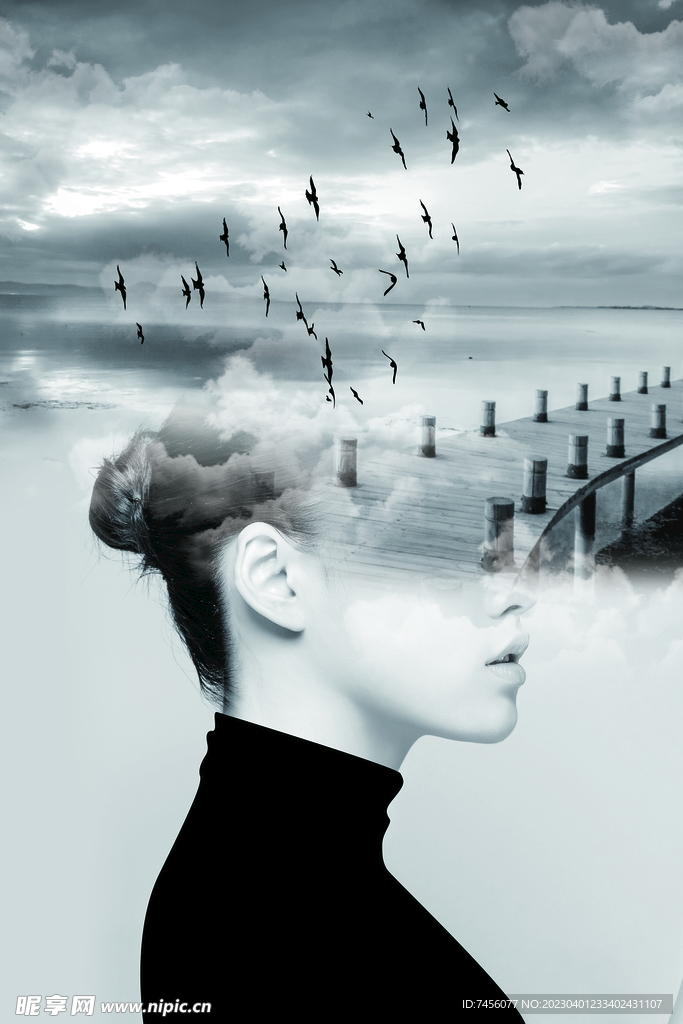 黑衣美女时尚风景画挂画