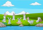 卡通河边兔子玩耍