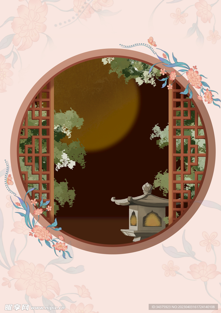 中式圆窗背景元素插画