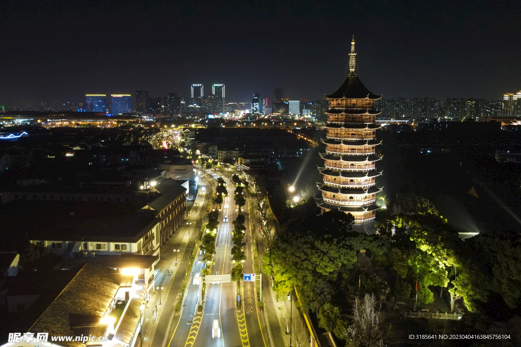 苏州北寺塔夜景航拍