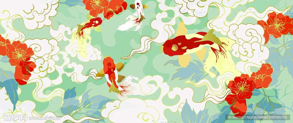 鲤鱼手绘花卉抽象背景封面