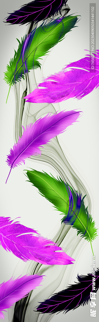 水彩紫绿羽毛挂画装饰画