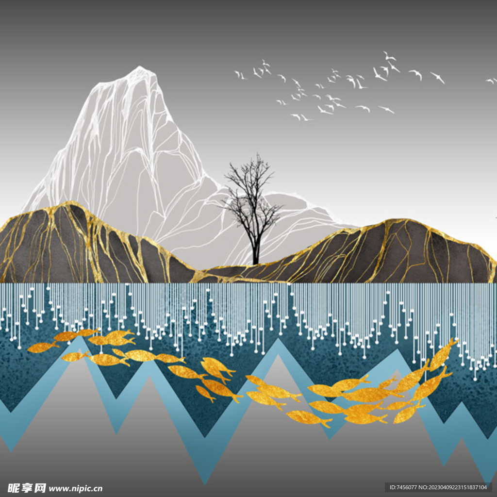 湖畔山脉游鱼艺术挂画装饰画