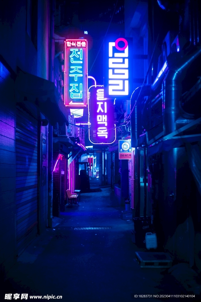 蓝色韩风小巷街头夜景