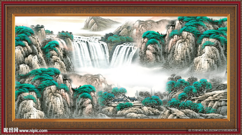 瀑布山水画