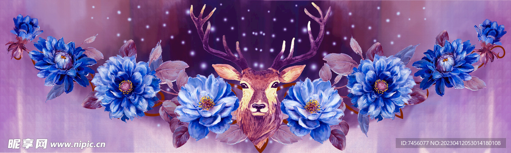 蓝色花朵麋鹿艺术挂画装饰画