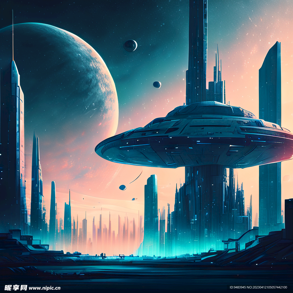 科幻插画未来城市星空蓝色