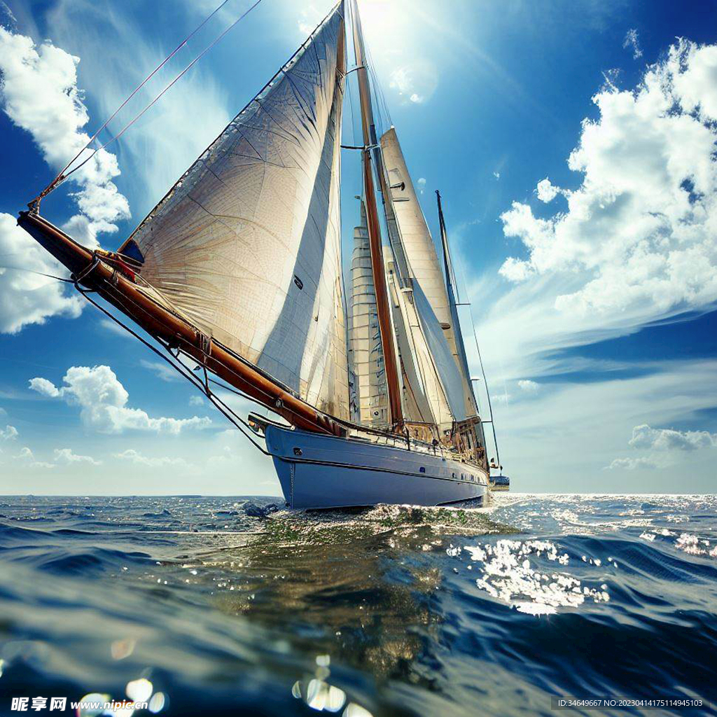 在波光粼粼海面上的双桅帆船