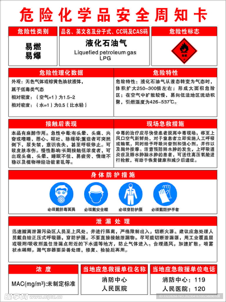 液化石油气危险化学品安全周知卡