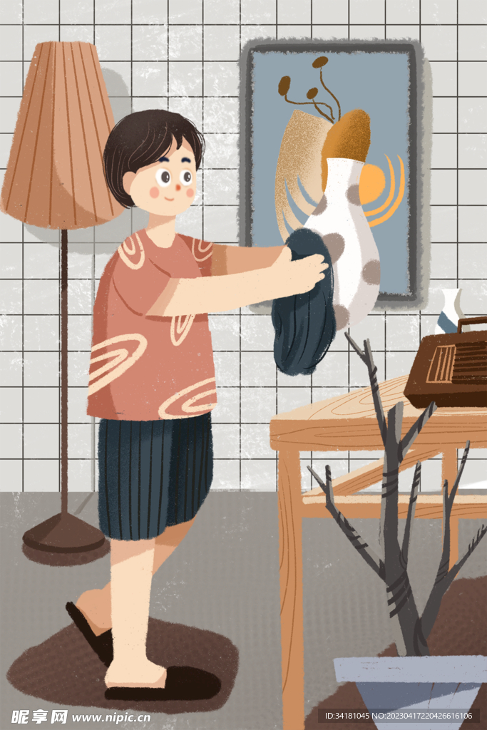 手绘插图 青年搞卫生