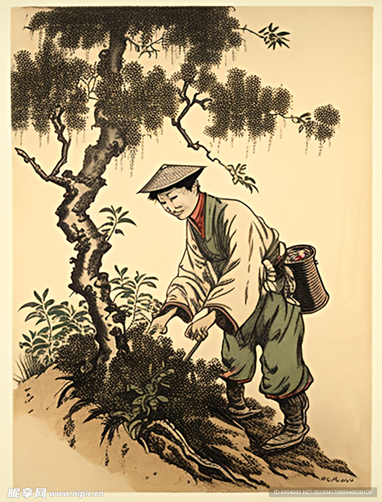 采药中医药材国画插图