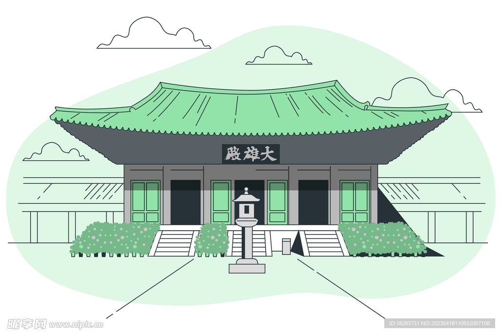绿色古代大雄殿建筑素材