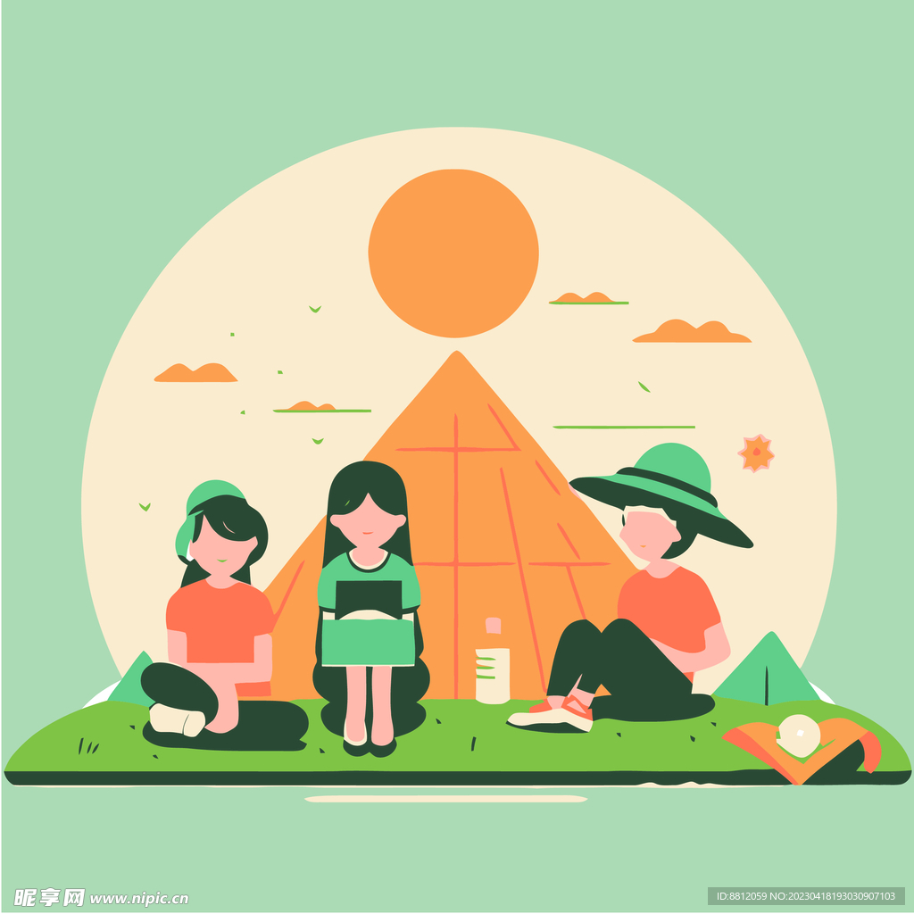 三个小孩坐在野外读书