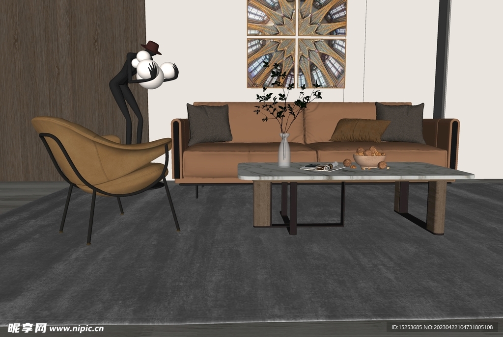 棕色现代风沙发茶几组合模型