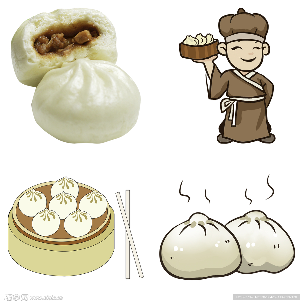 手绘卡通小笼包蒸包子