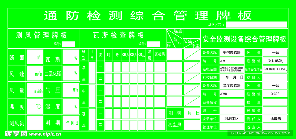 通风检测综合管理牌板采煤工作面