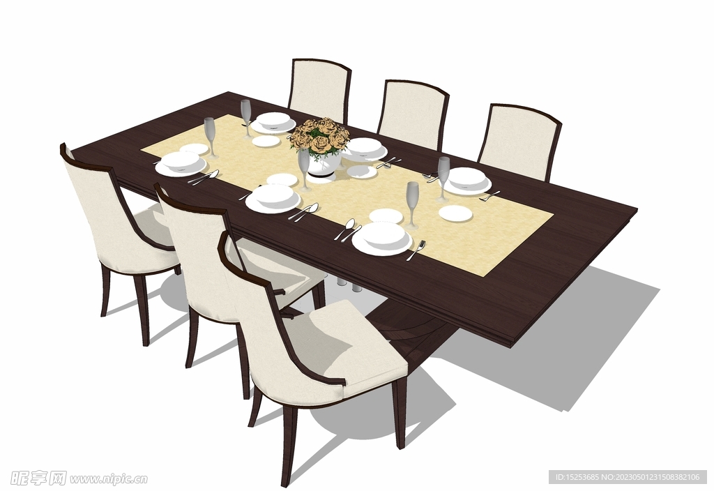 6人长桌模型家具客厅餐桌模型