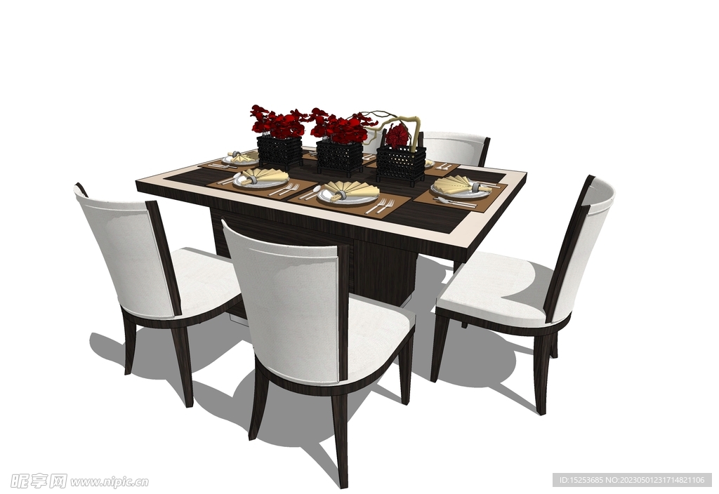 5人餐桌现代风桌椅套装模型