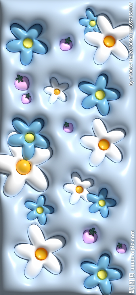 蓝色简约白色花朵3D膨胀壁纸