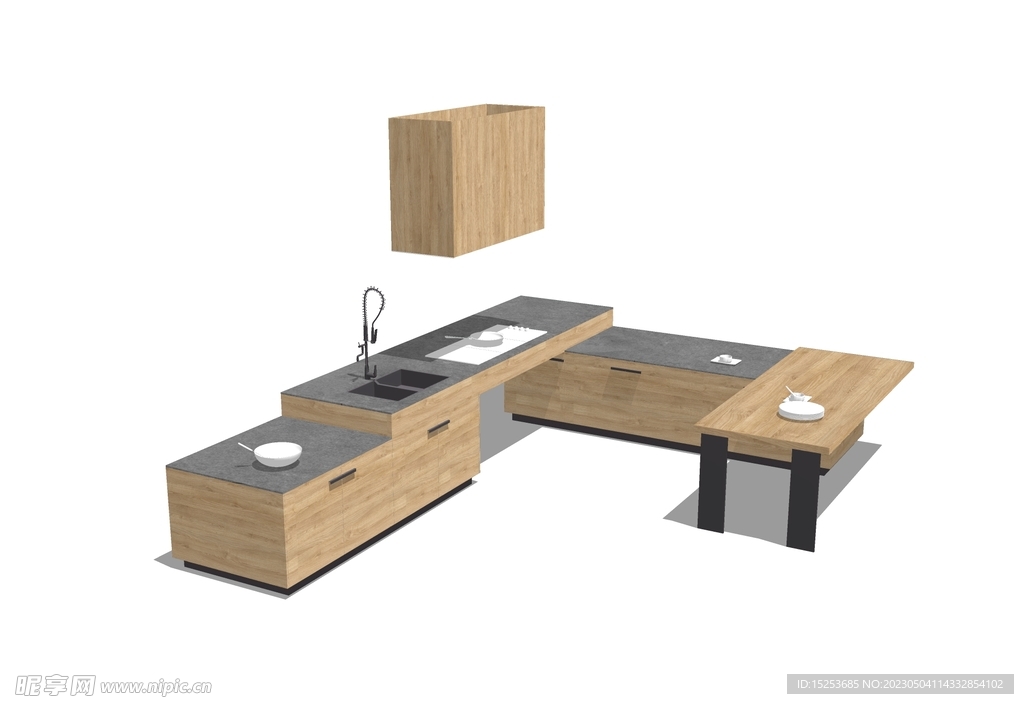 木质家具厨房吧台开放式厨房模型