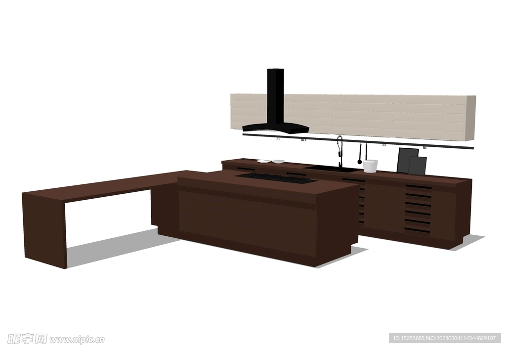 咖啡色厨房吧台模型