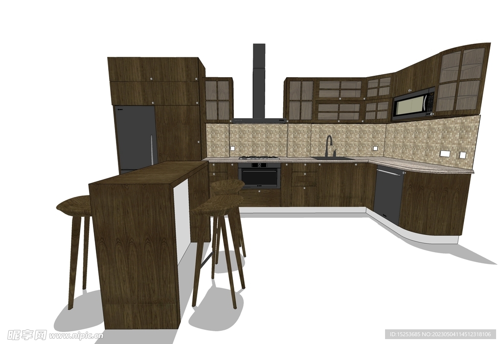 棕色原木风厨房吧台模型