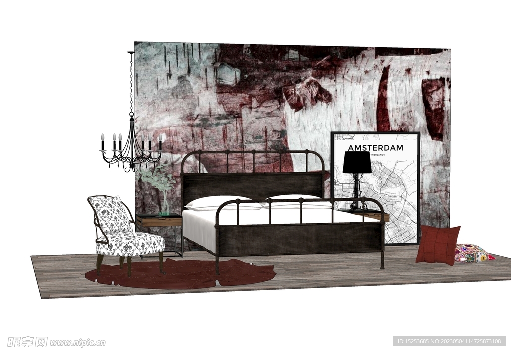 欧式艺术风床具组合模型卧室主卧