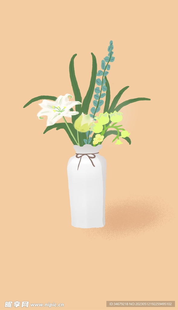 手绘插画植物元素百合插花