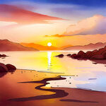 海边日出水彩风景画