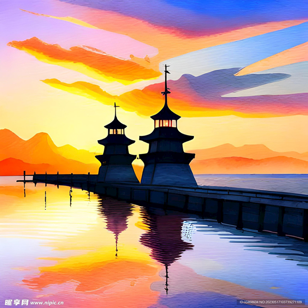 海边日出水彩风景画