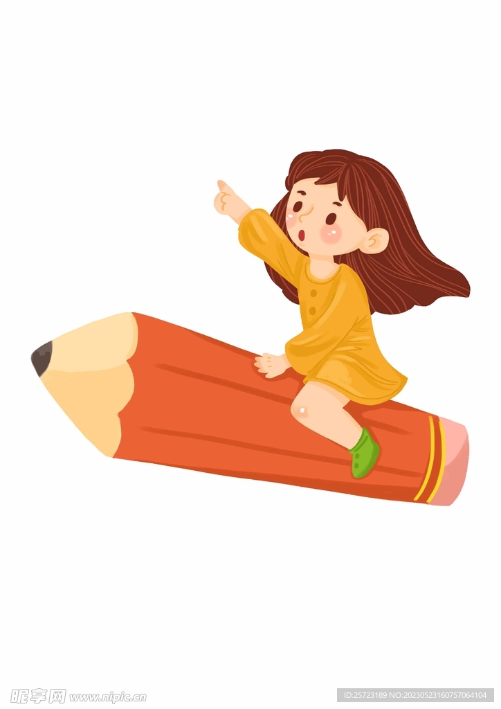 开学季骑着铅笔飞行的卡通女孩