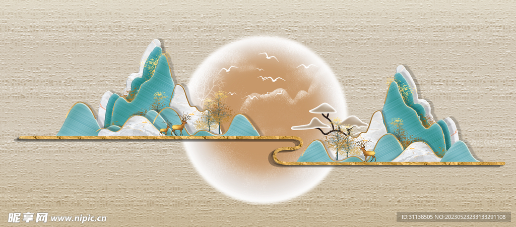 抽象金色山水水墨画