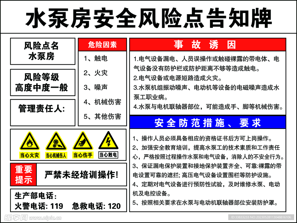 水泵房安全风险点告知牌