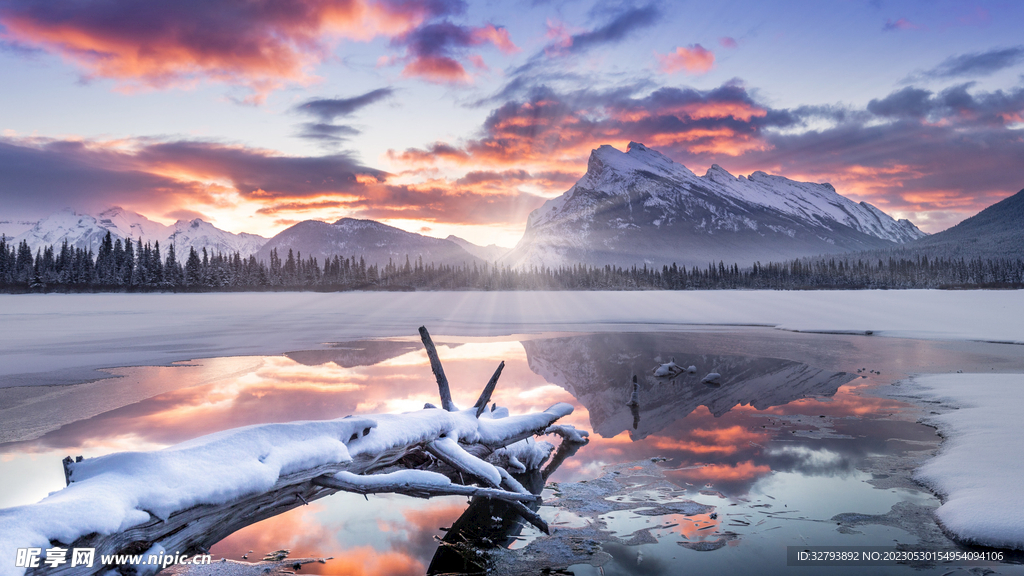 雪景 高清背景 夕阳