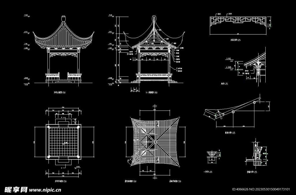 四角亭cad施工图