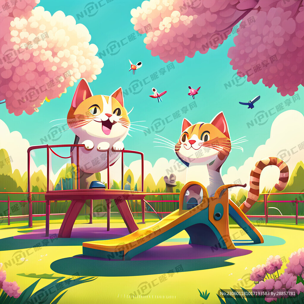 操场 春天景色 卡通猫 欢呼