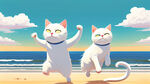 海边 沙滩 春天景色 卡通白猫 运动元素 欢呼 两点透视 超强景深