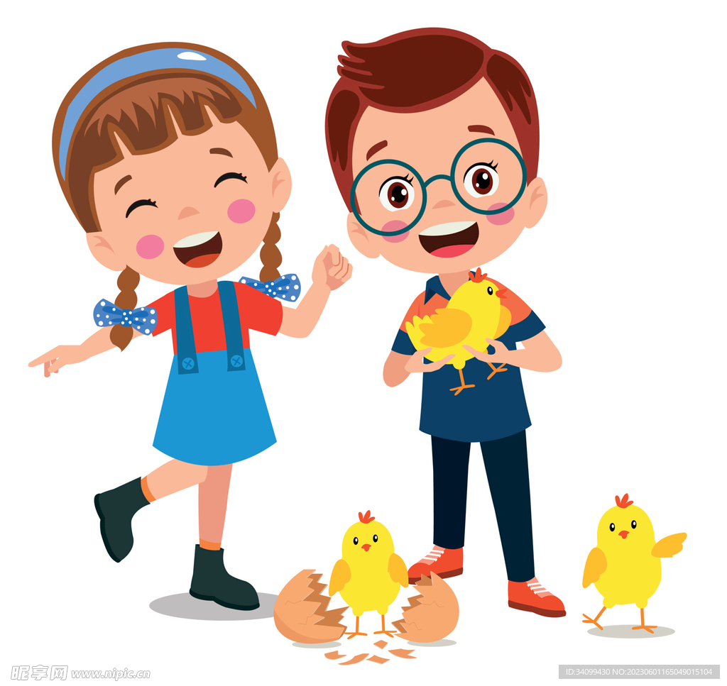 卡通儿童和小鸡