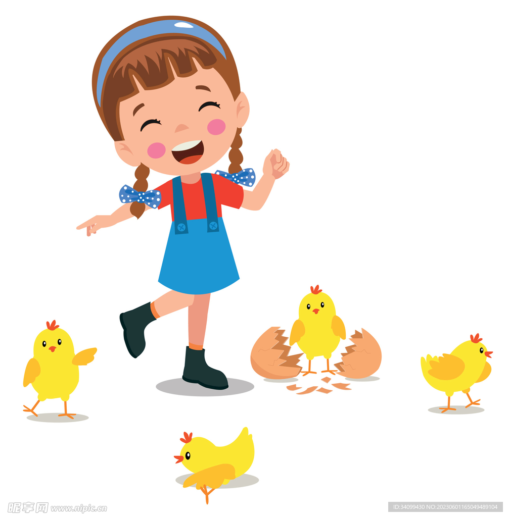 卡通儿童和小鸡
