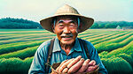 红薯农田，农民在收割红薯，绿色的田野，前面一位老爷爷手里捧着一框红薯面带笑容，背景是浅蓝色的背景，有山脉有房子有森林，插画，高清画面