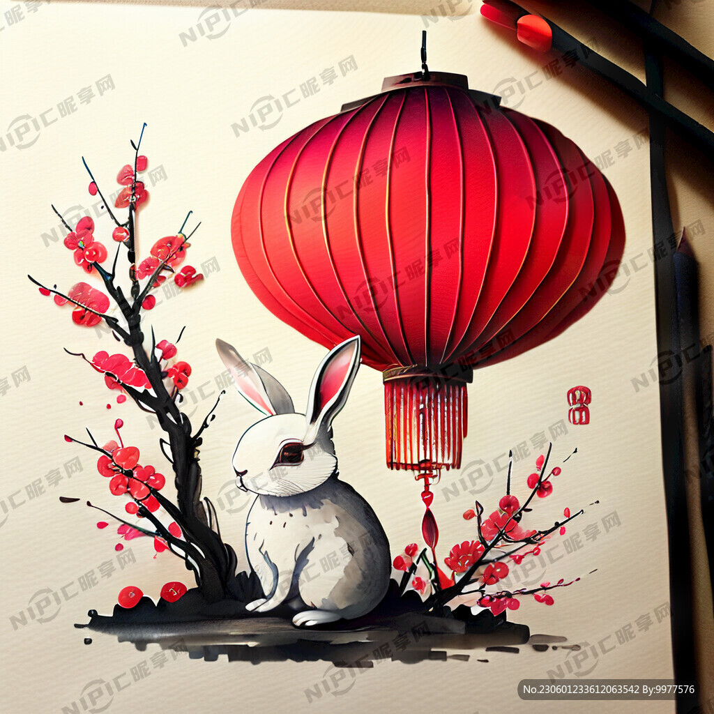 衍纸艺术 春节 可爱兔子 红梅