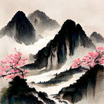 中国风 山水画 春天 樱花盛开 绿色草地 樱花飘落 小溪流水 山间