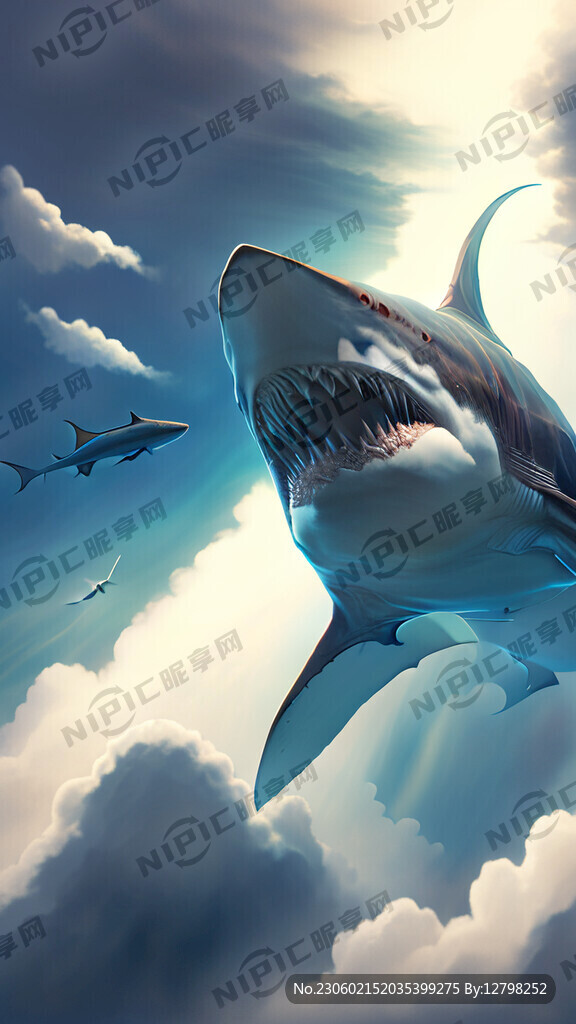 梦幻的大鲨鱼在白云中飞行