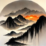 山水画 人物 太阳 远山