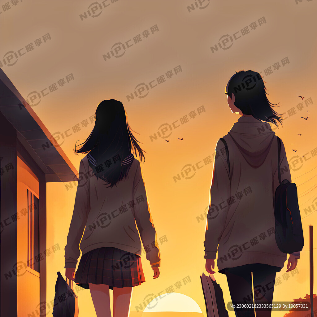 两个高中生在夕阳西下的背景下回